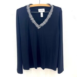 JOSEPH RIBKOFF $165 Slinky Stretch V-Neck Plaid Trim Tunic Top Size 12